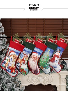 Set of 5 Christmas stockings with Santa and reindeer hanging by a festive fireplace
