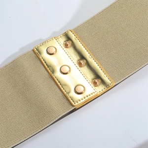 Bohemian style wide elastic belt in beige with decorative gold buckle and snap buttons