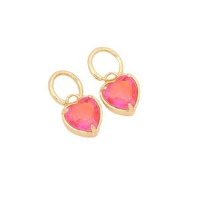 Fashionable 18K gold plated heart earrings with pink orange gradient gemstones on white background