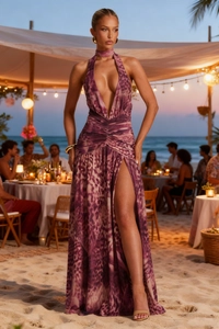 Detailed view of purple leopard print maxi dress with halter neck and side slit detail