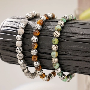 Natural Stone Beaded Bracelet Tiger Eye African Turquoise Map Stone Stainless Steel Adjustable For Men Bohemian Fashion
