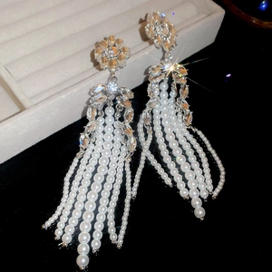 Detailed view of elegant silver flower earrings with cascading white pearl tassels