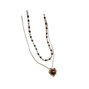 Double-layer gold heart necklace with tiger eye stone and vintage beaded chain strand