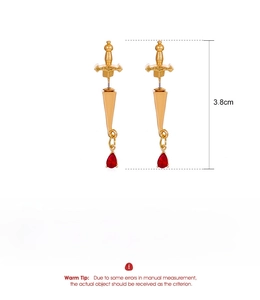 Gothic gold sword earrings with red water drop gemstones measuring 3.8cm in length