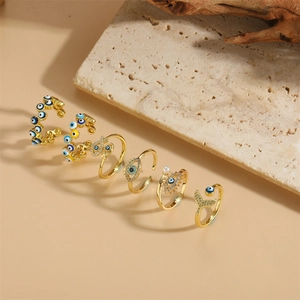 Evil Eye Adjustable Open Ring Copper Zircon Mermaid Tail Vintage Bohemian Jewelry For Women Gold Tone