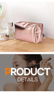 Close-up of rose gold glossy leather makeup bag details and soft fabric texture