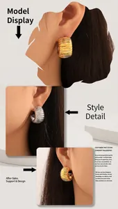 Detail shot of multi-layer textured C-shaped stud earrings in gold and silver finish