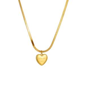 Gold heart pendant necklace with Love you more engraving on a polished snake chain