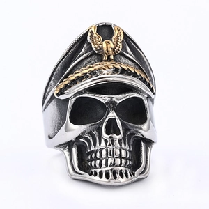 Punk style skull officer ring in vintage silver with gold eagle emblem and military cap