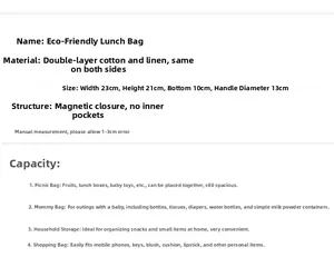 Detailed size guide and specifications for the cotton linen sunflower lunch tote bag