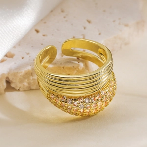 Golden multi-layer geometric open ring with vibrant yellow zircon pavé for women