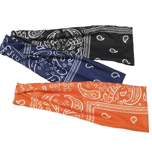 Three-pack paisley print high-stretch sports headbands in black, navy blue, and orange colors
