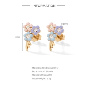 Detailed view of colorful enamel flower earrings with AAA zircon center in 925 silver