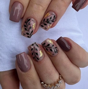 Leaf Pattern Press On Nails Gold Foil Glitter Square Shape Burgundy Nude Pink False Nails For Women Reusable Manicure Art