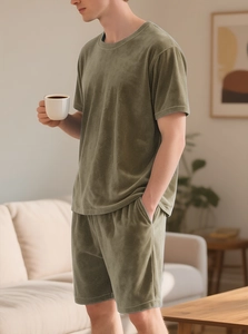 Men's olive green lounge set details showing soft velvet fabric and cozy homewear style