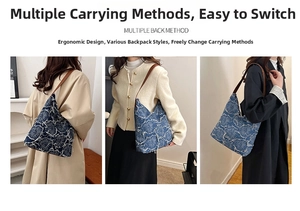 Detailed views of denim tote bag with daisy embroidery and leather straps on model