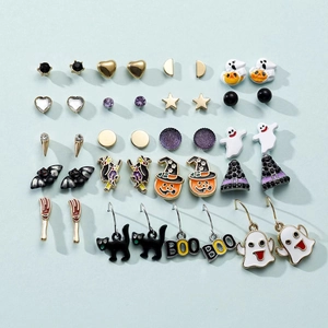 20 pairs of Halloween stud earrings set featuring ghost pumpkin and bat designs