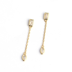 Minimalist S925 sterling silver gold fringe earrings with rectangular zircon studs