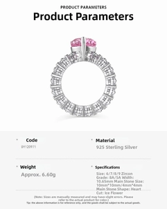 Macro detail of S925 silver ring featuring 10mm ice-flower cut pink heart zircon