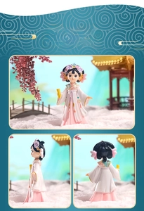 Detail views of a Q-version Chinese ancient lady figurine in traditional hanfu dress
