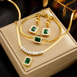 Emerald Green Square Zircon Necklace Earrings Bracelet Gold Plated Titanium Steel Retro Luxury Fashion Jewelry For Women