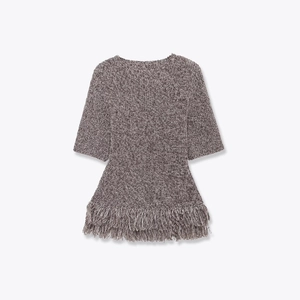 Fashionable grey knit short sleeve top with bohemian tassel fringe hem in casual style