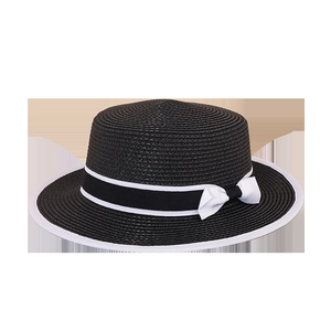 Contrast bow ribbon black boater straw hat with wide brim for beach sun protection