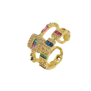 Golden double-layer geometric open ring with colorful multi-shape zircon stones