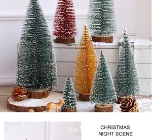 Mini cedar Christmas trees with wooden bases in various colors and sizes for desktop decor