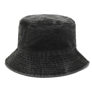 Classic washed black denim bucket hat with metal eyelets and stitched brim on white background