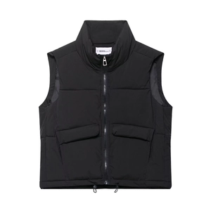 Women's minimalist black padded vest with stand collar and large pockets on white background