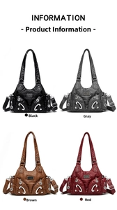 Detailed grid showing four colors of multi-pocket PU leather tote bags with silver hardware