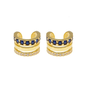 Dreilagige Luxus-Ohrklemmen in Gold mit dunkelblauem Edelstein und weißen Zirkonia