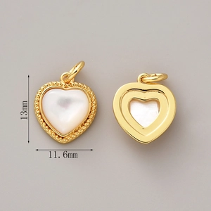 Macro view of 18K gold-plated heart pearl charm with 13mm by 11.6mm size markings