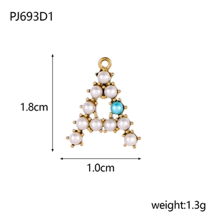 Golden letter A pendant with shell pearl and blue bead accent, 1.8cm dainty jewelry piece