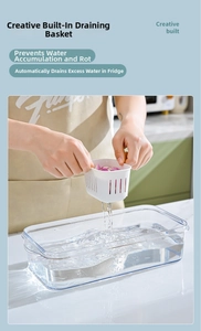 Detail showing the inner white drain basket lifting from a clear plastic storage container