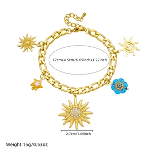 Gold stainless steel NK chain bracelet with sun star and flower pendants with dimensions
