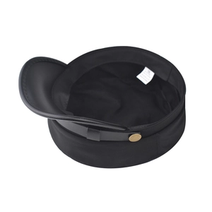 Detail of internal size label and stitching on black cotton punk newsboy military cap