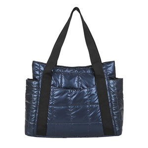 Quilted blue puffer tote bag with glossy finish and large capacity for women