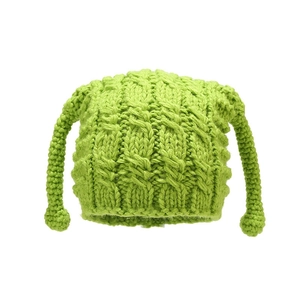 Handmade grass green cable knit beanie with cute tentacles for winter warmth