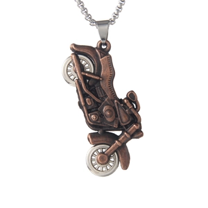 Vintage bronze motorcycle pendant necklace with detailed retro metal model on silver chain