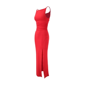 Close-up of the gathered waist and side slit detail on a red sleeveless summer dress