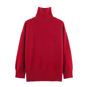 Women's loose casual high-neck knit sweater in vibrant red with ribbed cuffs