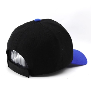 Detail view of the adjustable velcro strap and blue contrast stitching on baseball cap