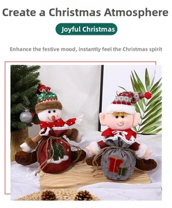 Detailed view of Christmas themed plush drawstring gift bags with snowman and elf designs