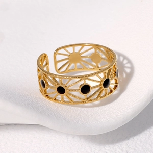 Geometric Hollow Ring Stainless Steel 18K Gold Plated Adjustable Open Band Sunburst Design French Chic Retro Jewelry For Women
