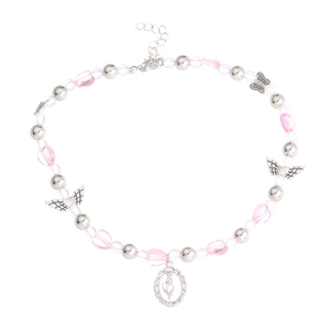 Detail of Y2K pearl beaded necklace with pink butterfly and tulip pendant charms