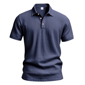 Close-up of navy linen blend polo shirt showing textured fabric and buttoned lapel collar