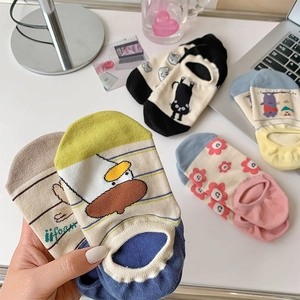 Handheld view of cartoon graffiti invisible boat socks with cute cat and duck patterns