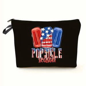 Nahaufnahme der Leinen-Kosmetiktasche zum Unabhängigkeitstag mit POPSICLE-Aufdruck